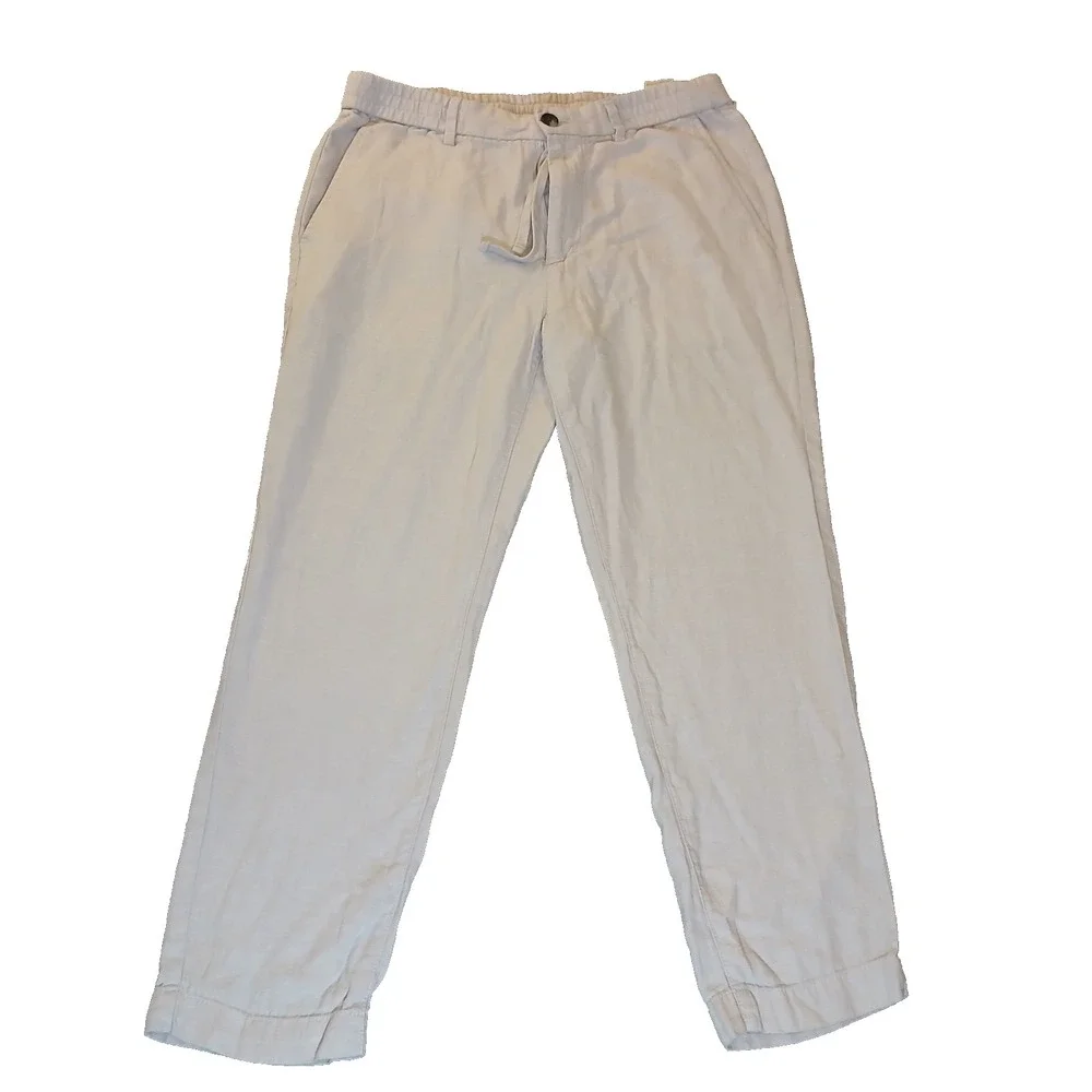Banana Republic Mens Mason Athletic Tapered Pants Linen Drawstring Beige 31x30
